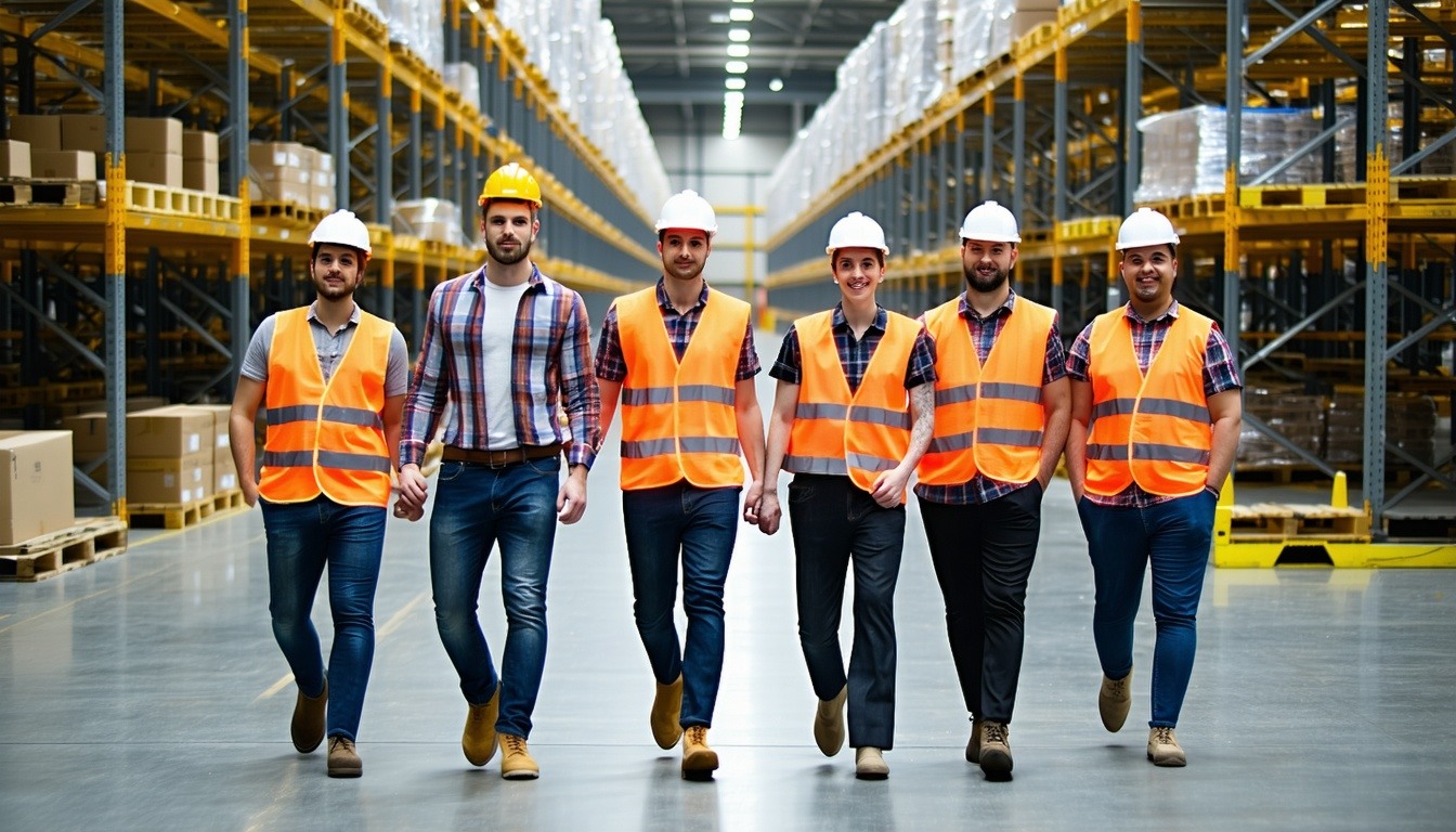 warehouse workers walking